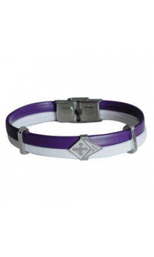 BRACCIALE SIMIL PELLE CON CHIUSURA E LOGO IN ACCIAIO VIOLA E BIANCO